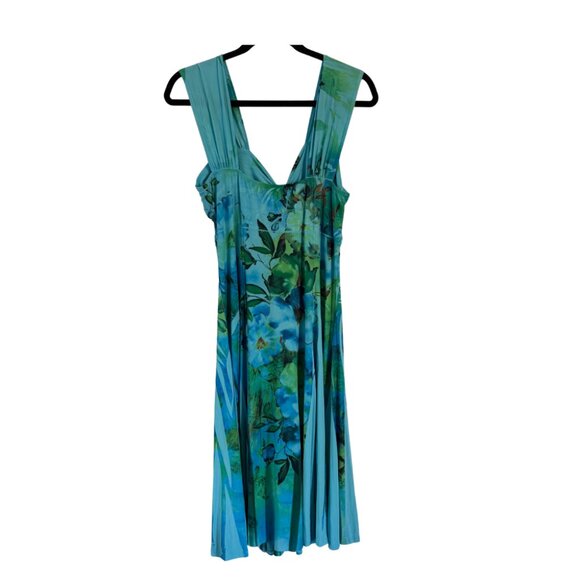 Blue Green Tropical Midi Dress 18/20 Empire Waist Slinky Stretch Sweetheart Neck - Picture 6 of 9